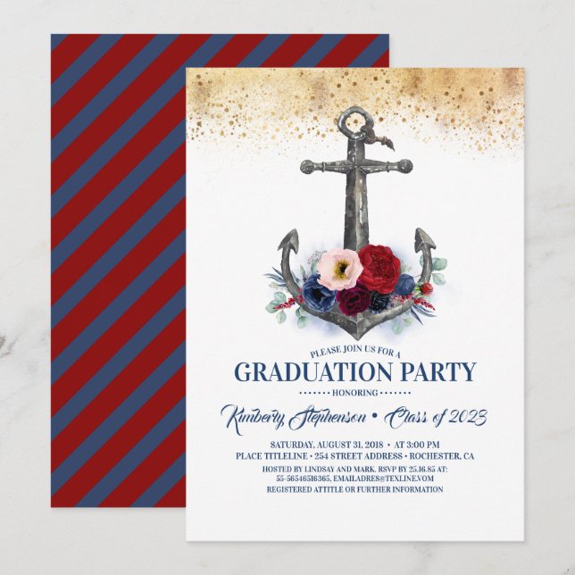 Navy Blue Floral Anchor Nautical Graduation Invitation (Front/Back)