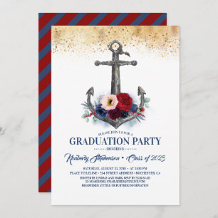 Navy Blue Floral Anchor Nautical Graduation Invitation