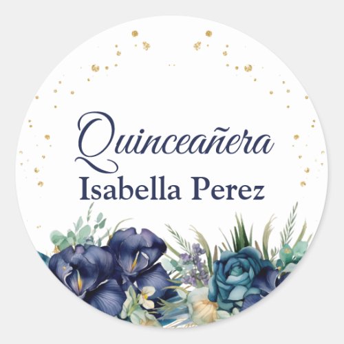Navy Blue Floral and Gold Glitter Quinceanera Classic Round Sticker