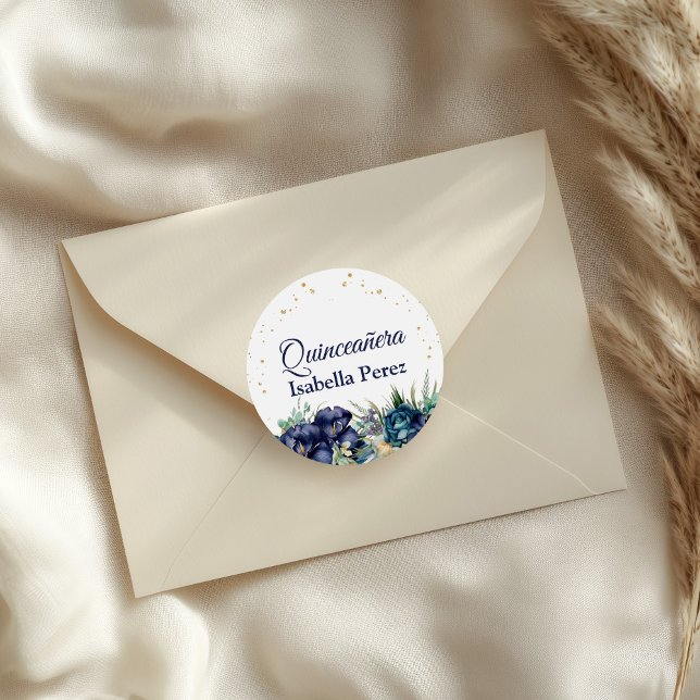 Navy Blue Floral and Gold Glitter Quinceanera Classic Round Sticker (Navy Blue Floral and Gold Glitter Quinceanera Classic Round Sticker on an elegant envelope)