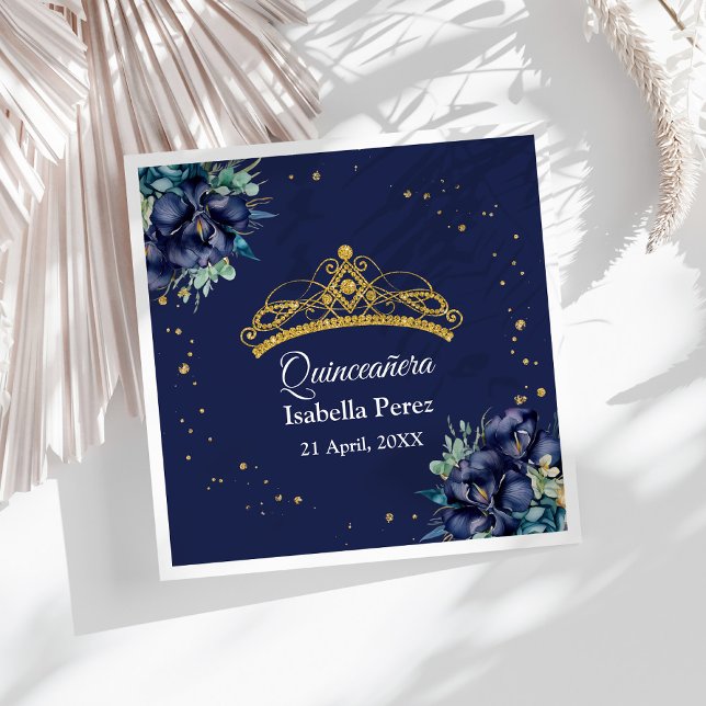 Navy Blue Floral and Gold Tiara Quinceanera Napkins (Navy Blue Floral and Gold Tiara Quinceanera Napkins on a sunny white table.)