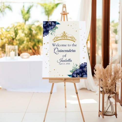 Navy Blue Floral and Tiara Quinceanera Welcome Foam Board