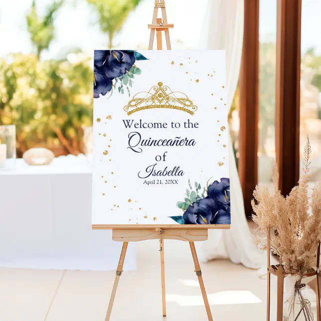 Navy Blue Floral and Tiara Quinceanera Welcome Foam Board | Zazzle