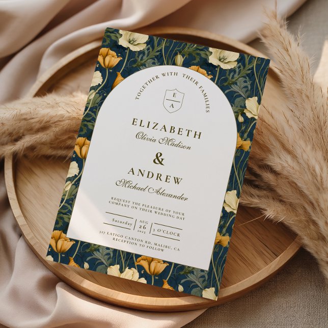 Navy Blue Floral Arch Elegant Wedding Invitation (Creator Uploaded)