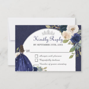 Navy Blue Floral Arch Quinceañera Princess RSVP Card
