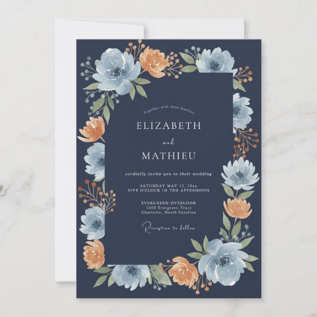 Navy Blue Floral Arch Romance Wedding Invitation (Front)