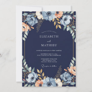 Navy Blue Floral Arch Wedding Invitation