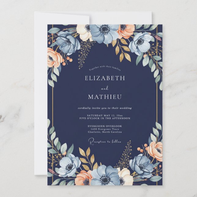 Navy Blue Floral Arch Wedding Invitation (Front)