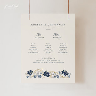 Navy Blue Floral Art Nouveau Bar Menu Sign