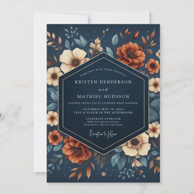Navy Blue Floral Autumn Elegance Wedding Invitation (Front)