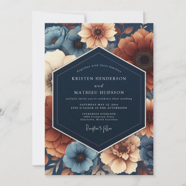 Navy Blue Floral Autumn Romance Wedding Invitation (Front)