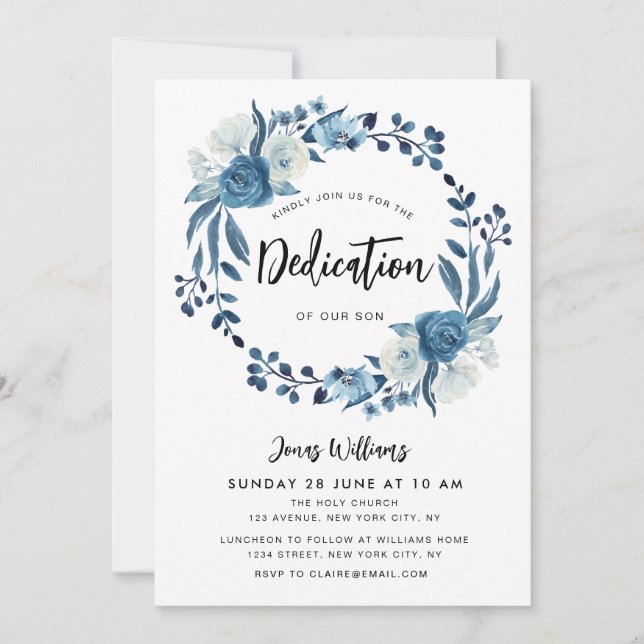 Navy blue floral baby dedication invitation (Front)