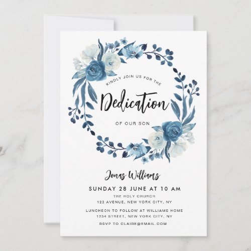 Navy blue floral baby dedication invitation