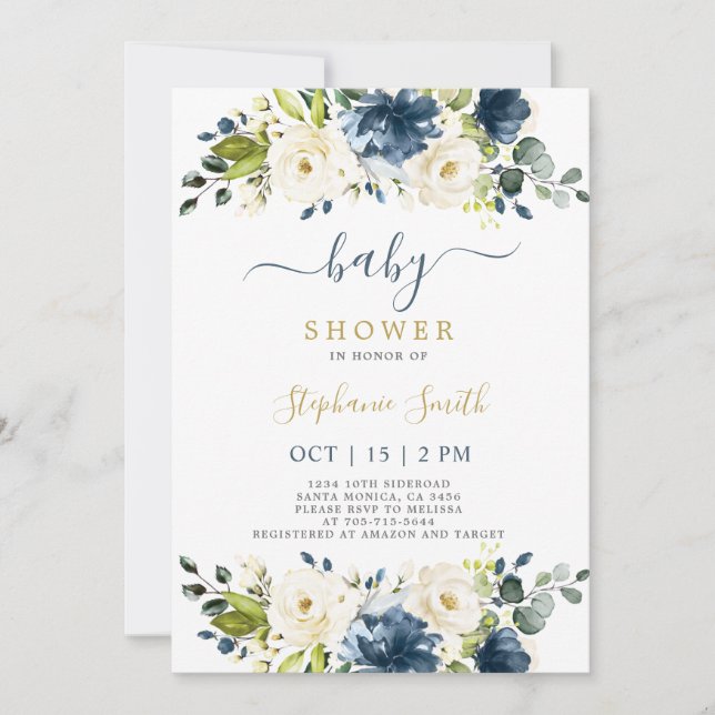 Navy Blue floral Baby Shower Boy Invitation (Front)