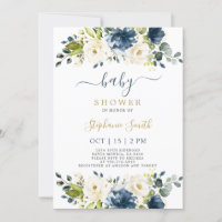Navy Blue floral Baby Shower Boy Invitation