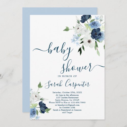 Navy Blue Floral Baby Shower Boy Invitation