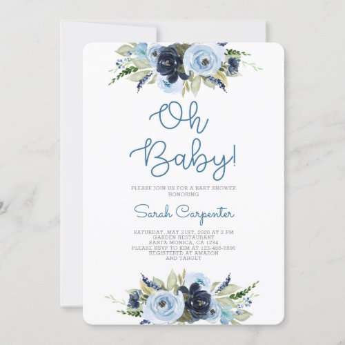 Navy blue floral baby shower boy invitation