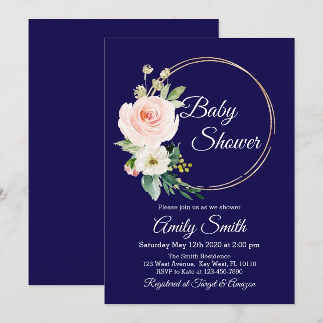 Navy Blue Floral Baby Shower Invintation Invitation (Front/Back)