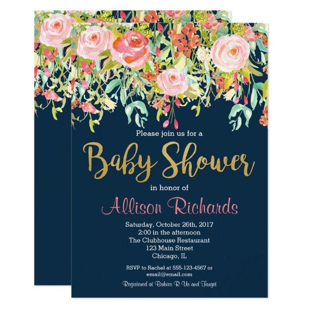 Navy Blue Floral Baby Shower Invitation