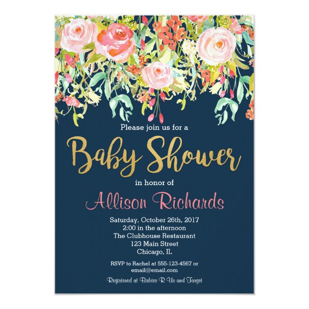 Navy Blue Floral Baby Shower Invitation