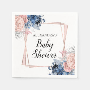 Navy Blue Floral Baby Shower Pink Geometric Napkins