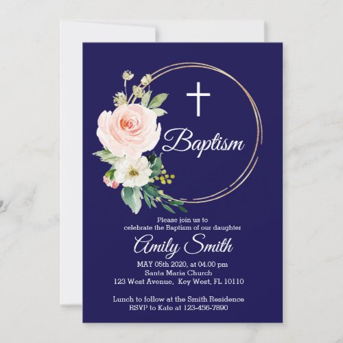 Navy Blue Floral Baptism Invitation