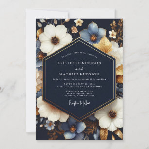 Navy Blue Floral Bloom Wedding Invitation