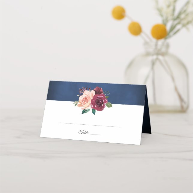 Navy Blue Floral Blush Pink Burgundy Rose Wedding Place Card (Front)