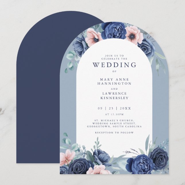 Navy Blue Floral Blush Pink Wedding Invitation (Front/Back)