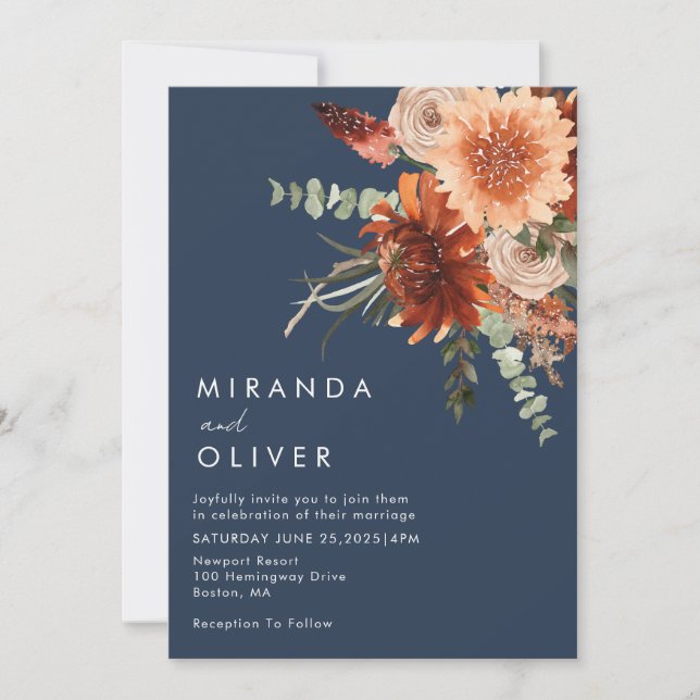 Navy Blue Floral Boho Wedding Invitation (Front)