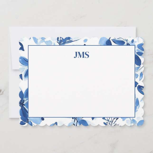 Navy Blue Floral Border Monogram Stationary Note Card (Front)