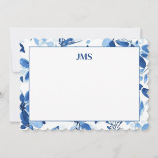 Navy Blue Floral Border Monogram Stationary Note Card