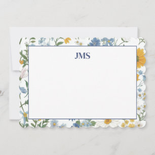 Navy Blue Floral Border Monogram Stationary Note Card