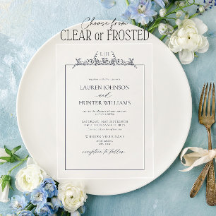 Navy Blue Floral Border Monogram Wedding Acrylic Invitations