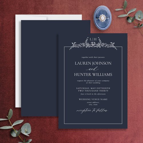Navy Blue Floral Border Monogram Wedding Invitation