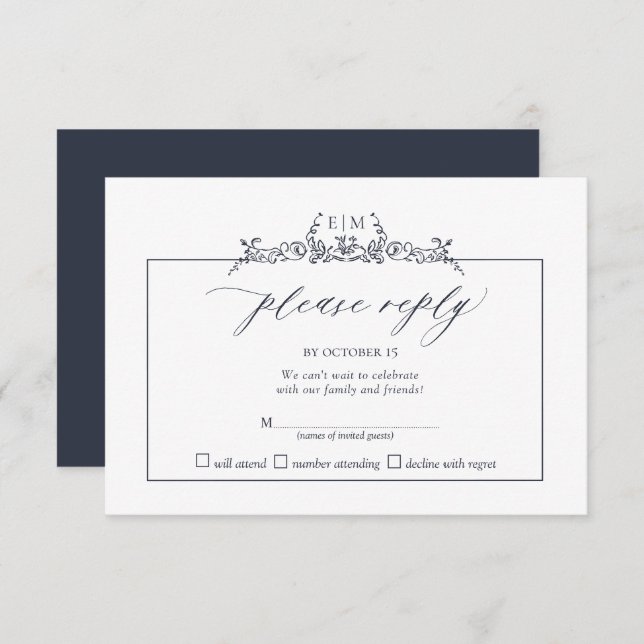 Navy Blue Floral Border Monogram Wedding RSVP Card (Front/Back)