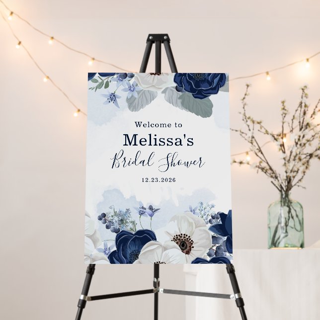 Navy Blue Floral Botanical Bridal Shower Foam Board (In Situ (Stand))