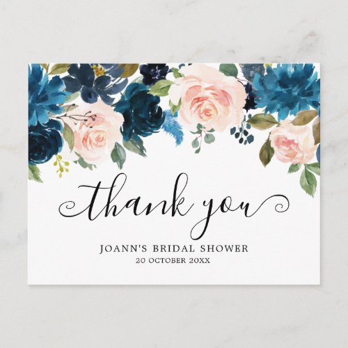 Navy Blue Floral Botanical Bridal Shower Thank you Postcard