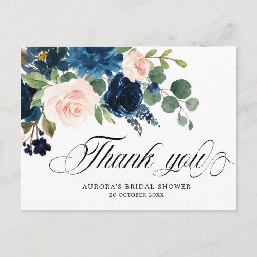 Navy Blue Floral Botanical Bridal Shower Thank you Postcard