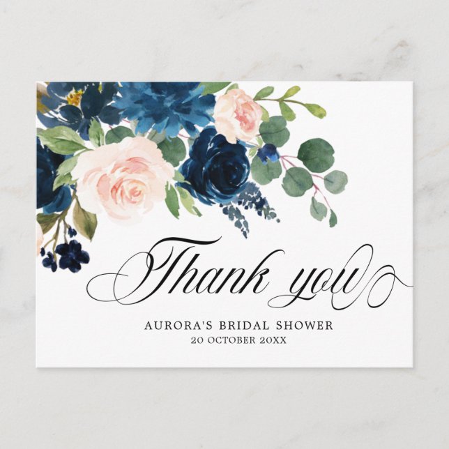 Navy Blue Floral Botanical Bridal Shower Thank you Postcard (Front)