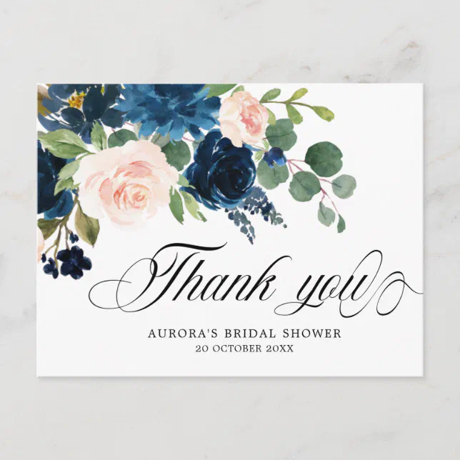 Navy Blue Floral Botanical Bridal Shower Thank you Postcard | Zazzle