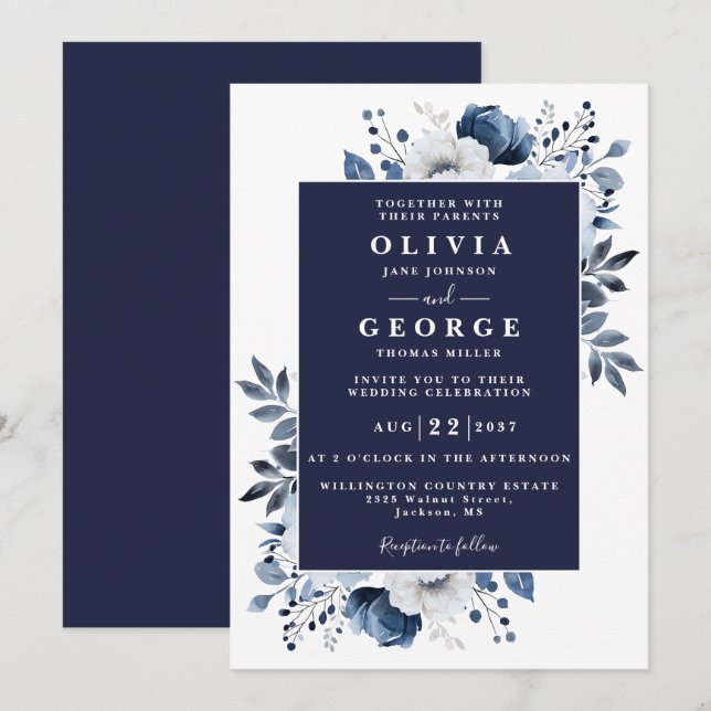 Navy Blue Floral Botanical Modern Wedding Invitation (Front/Back)