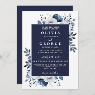 Navy Blue Floral Botanical Modern Wedding Invitation