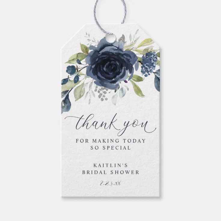 Navy Blue Floral Botanical Wedding Shower Favor Gift Tags | Zazzle