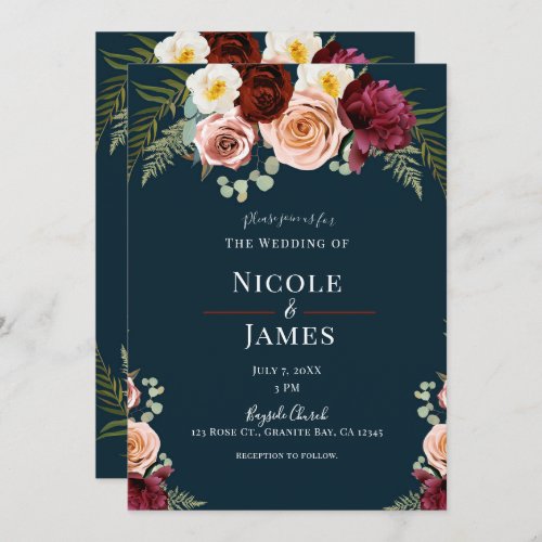 Navy Blue Floral Bouquet Greenery Wedding Invitation