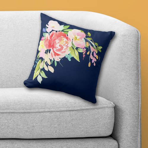 Navy Blue Floral Bouquet Throw Pillow