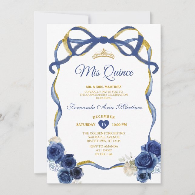 Navy Blue Floral Bow Frame Gold Crown Mis Quince Invitation (Front)