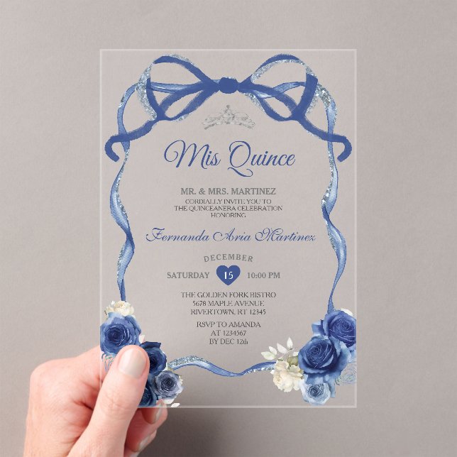 Navy Blue Floral Bow Frame Silver Crown Mis Quince Acrylic Invitations (Insitu (Handheld))