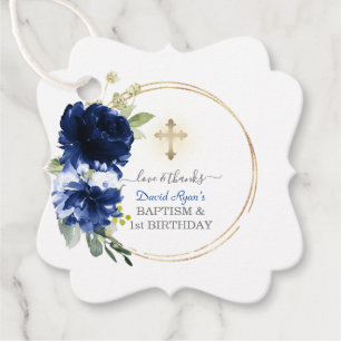 Navy Blue Floral Boy 1st Birthday & Baptism Favor Tags