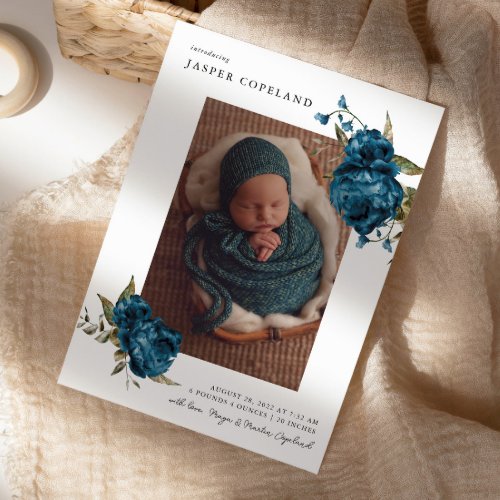 Navy Blue Floral Boy Baby Photo Birth Announcement